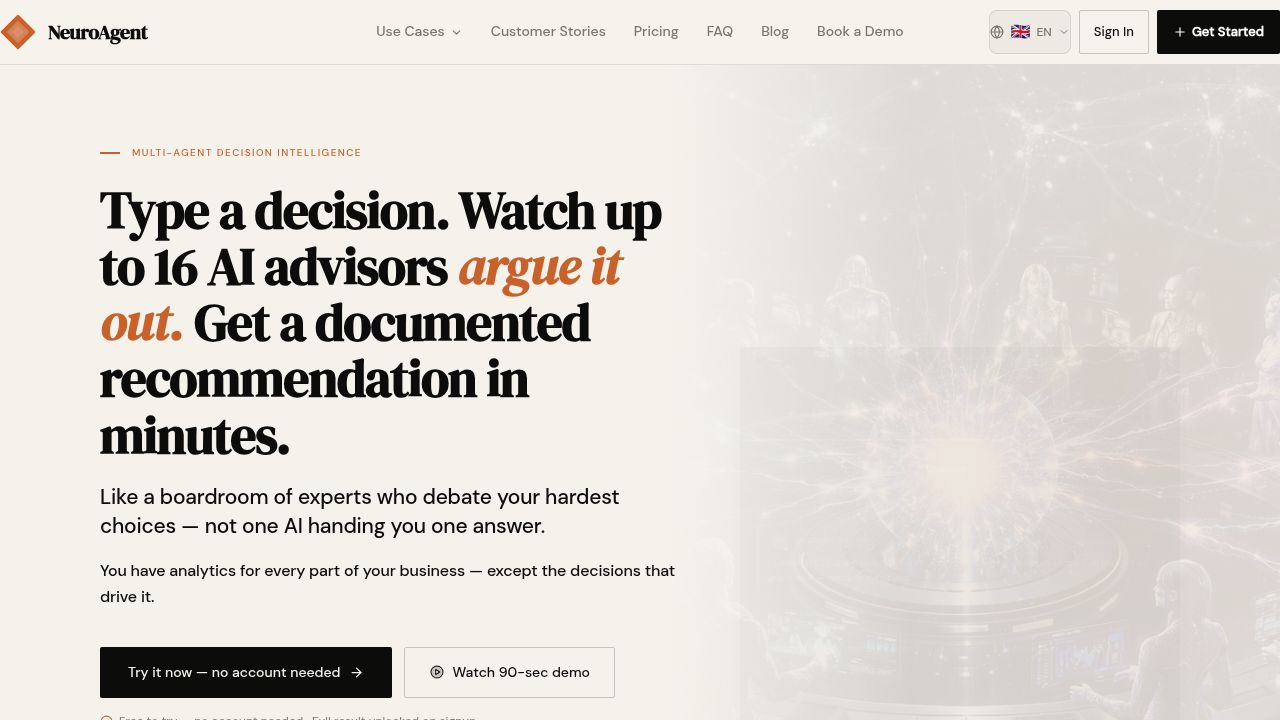 NeuroAgent homepage explaining how AI advisors debate a decision and produce a documented recommendation